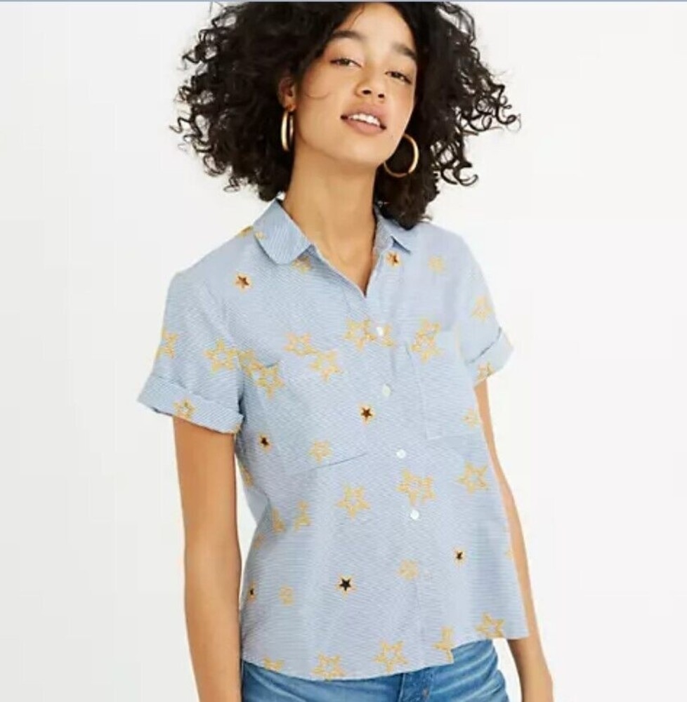 Madewell Star Embroidered Button up Striped Shirt Women's XS - Picture 1 of 8